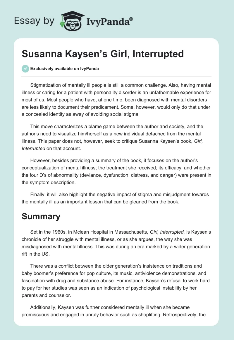 Susanna Kaysen’s Girl, Interrupted. Page 1