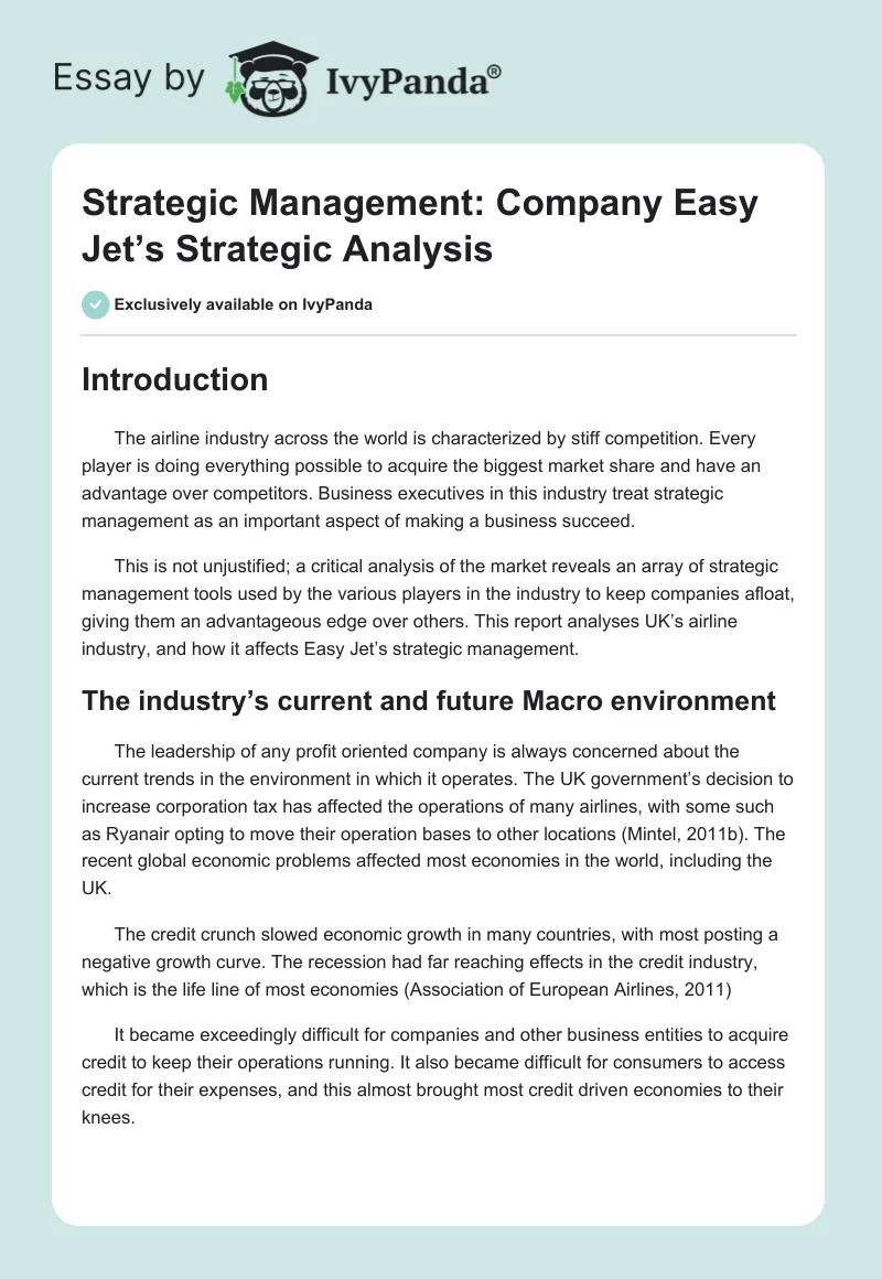 Strategic Management: Company Easy Jet’s Strategic Analysis. Page 1