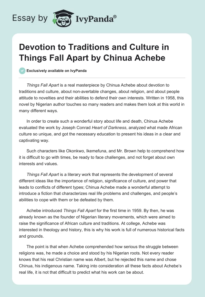 Devotion to Traditions and Culture in Things Fall Apart by Chinua Achebe. Page 1