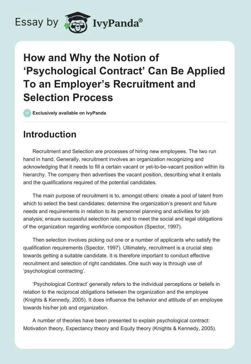 How and Why the Notion of ‘Psychological Contract’ Can Be Applied To an Employer’s Recruitment and Selection Process. Page 1