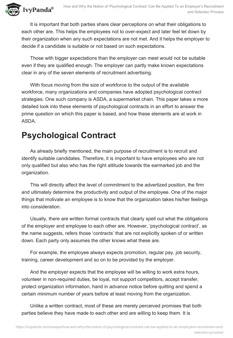 How and Why the Notion of ‘Psychological Contract’ Can Be Applied To an Employer’s Recruitment and Selection Process. Page 2