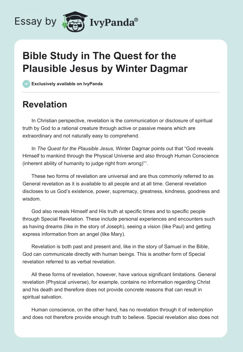 Bible Study in the Quest for the Plausible Jesus by Winter Dagmar. Page 1