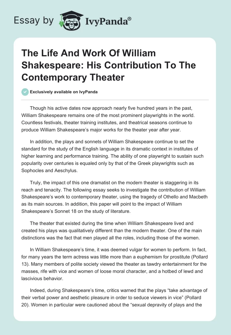 The Life and Work of William Shakespeare: His Contribution to the Contemporary Theater. Page 1