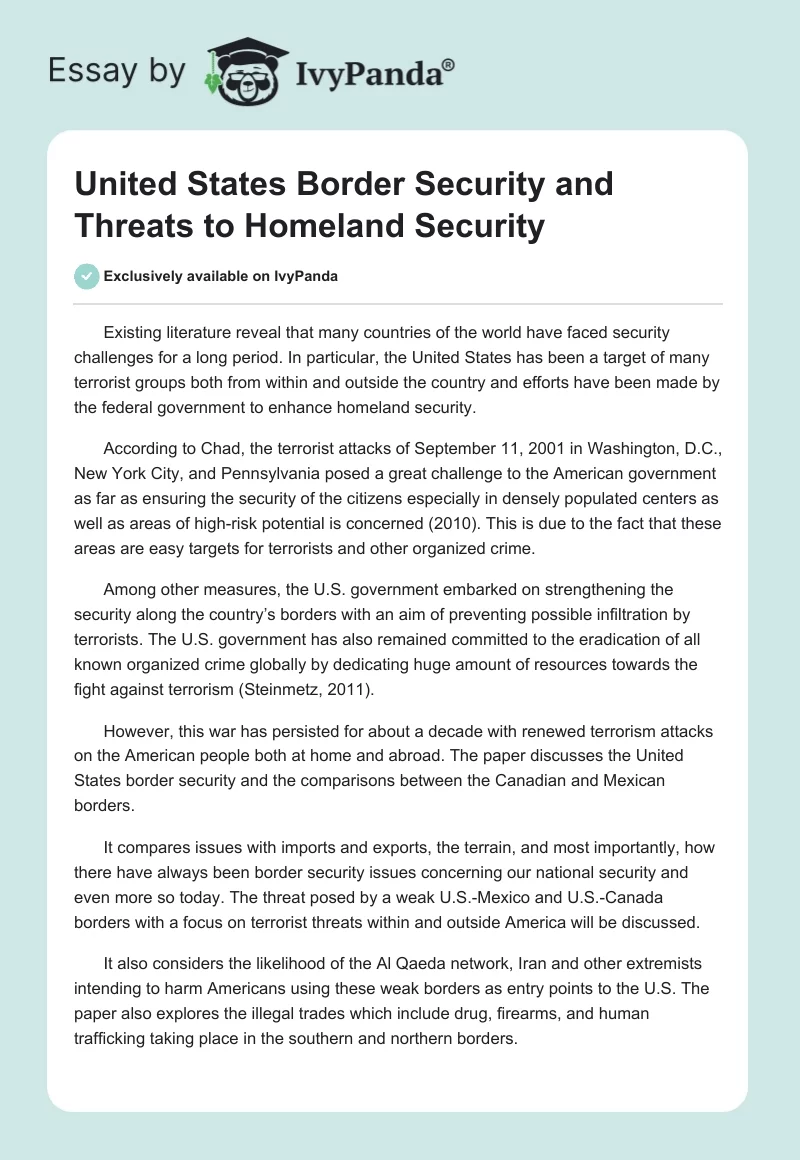 United States Border Security and Threats to Homeland Security. Page 1