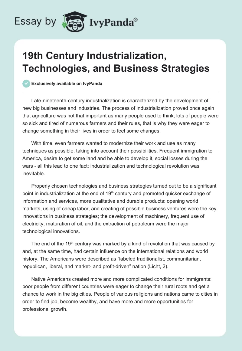 19th Century Industrialization, Technologies, and Business Strategies. Page 1