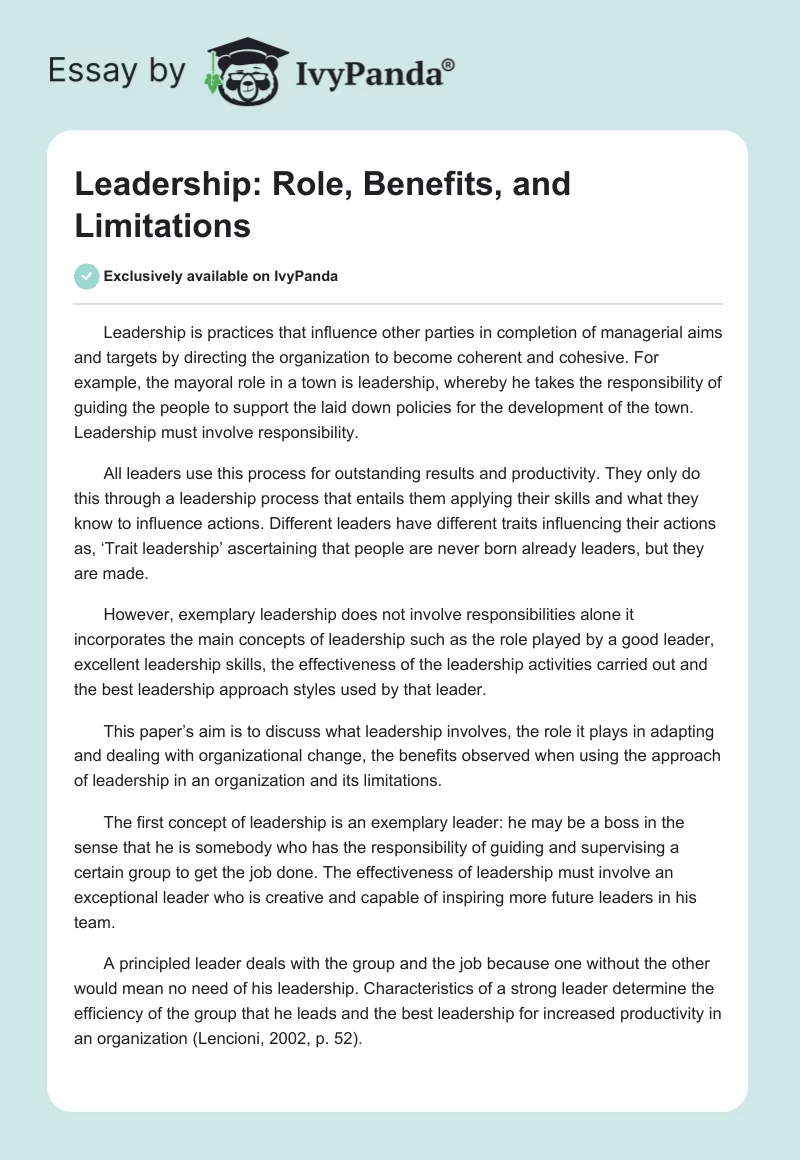Leadership: Role, Benefits, and Limitations. Page 1