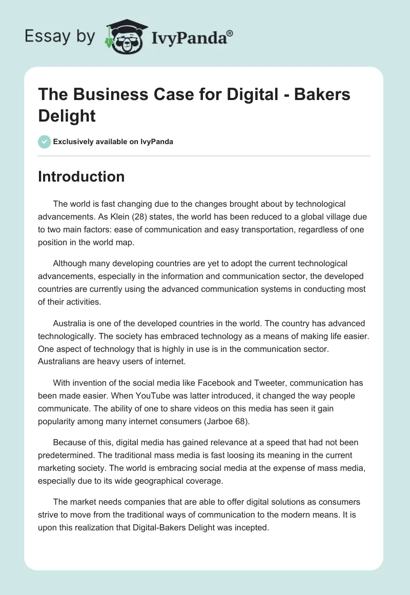 The Business Case for Digital - Bakers Delight. Page 1