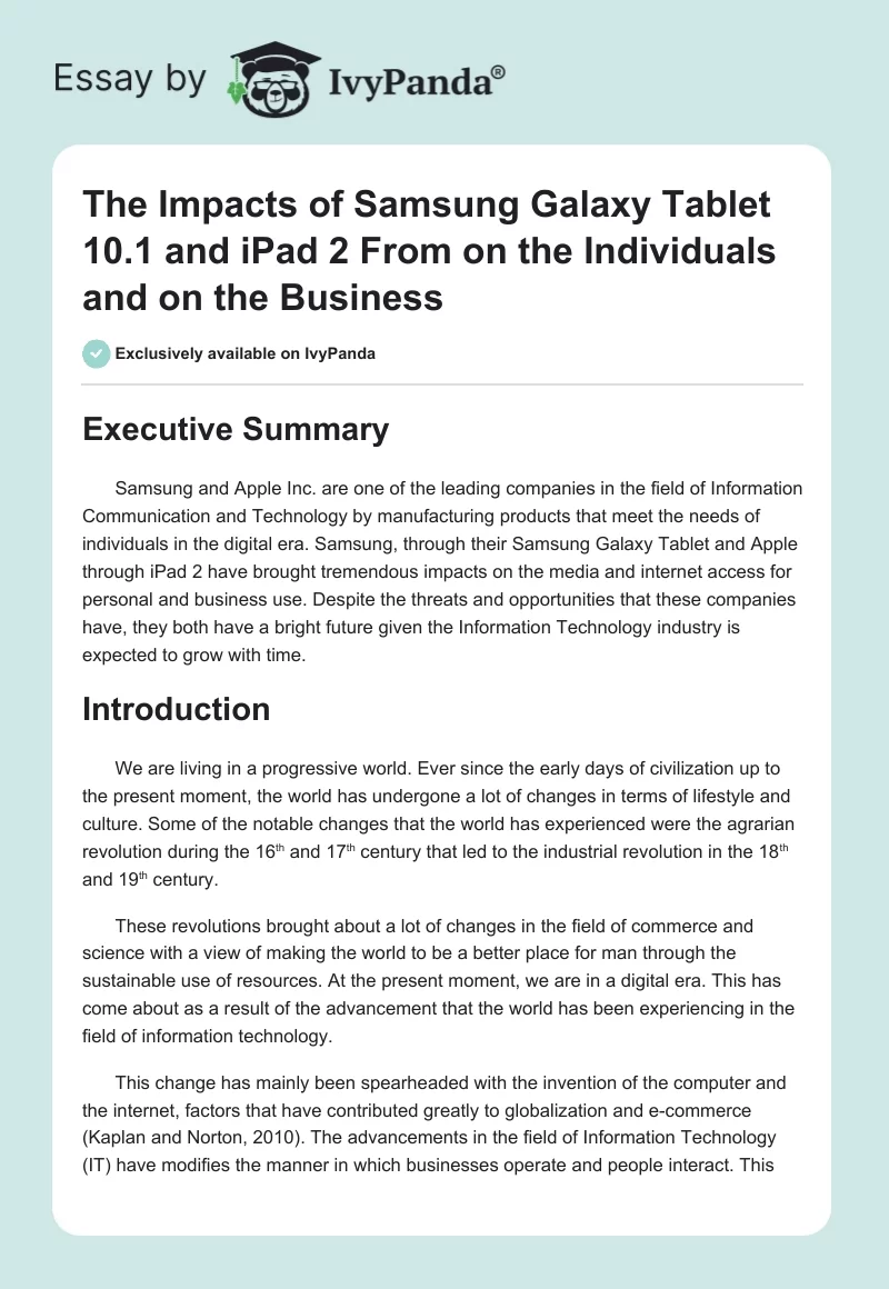 The Impacts of Samsung Galaxy Tablet 10.1 and iPad 2 From on the Individuals and on the Business. Page 1