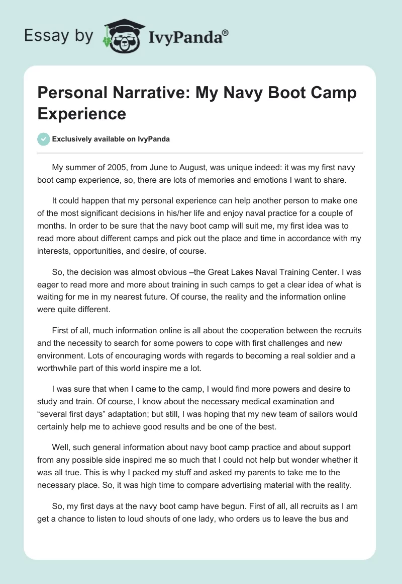 Personal Narrative: My Navy Boot Camp Experience. Page 1