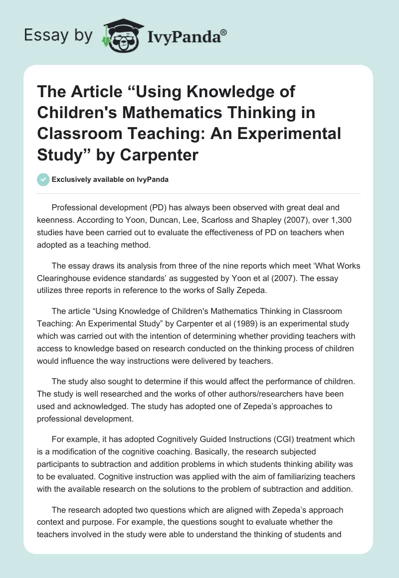 The Article “Using Knowledge of Children's Mathematics Thinking in Classroom Teaching: An Experimental Study” by Carpenter. Page 1