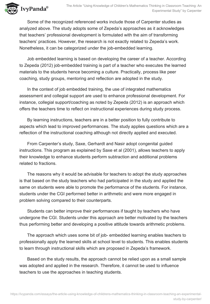 The Article “Using Knowledge of Children's Mathematics Thinking in Classroom Teaching: An Experimental Study” by Carpenter. Page 3