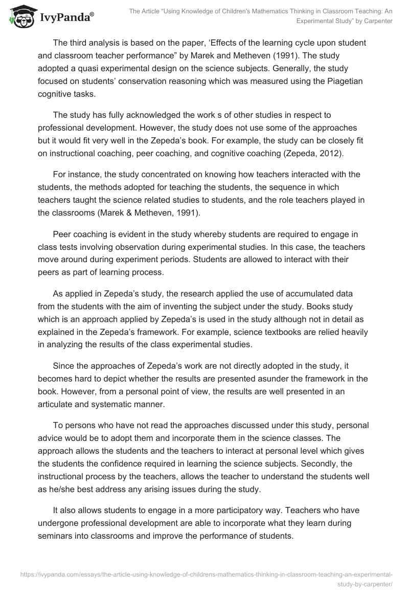 The Article “Using Knowledge of Children's Mathematics Thinking in Classroom Teaching: An Experimental Study” by Carpenter. Page 4