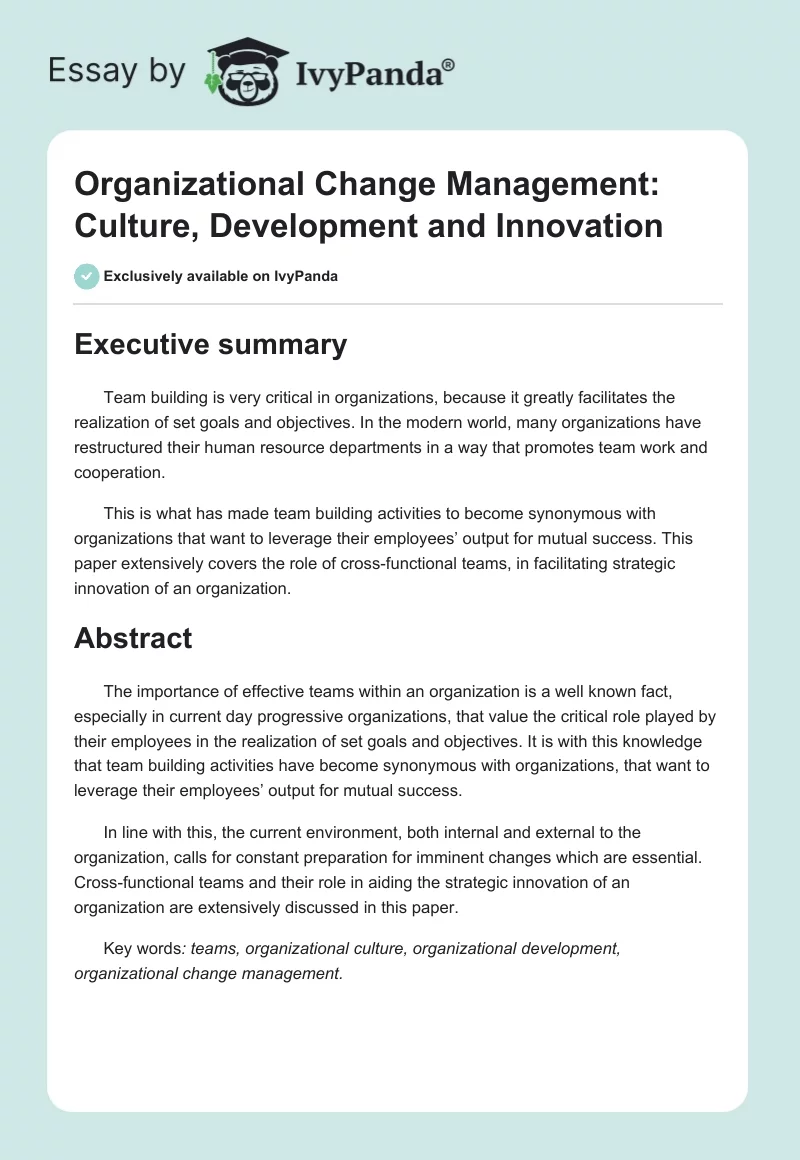 Organizational Change Management: Culture, Development and Innovation. Page 1