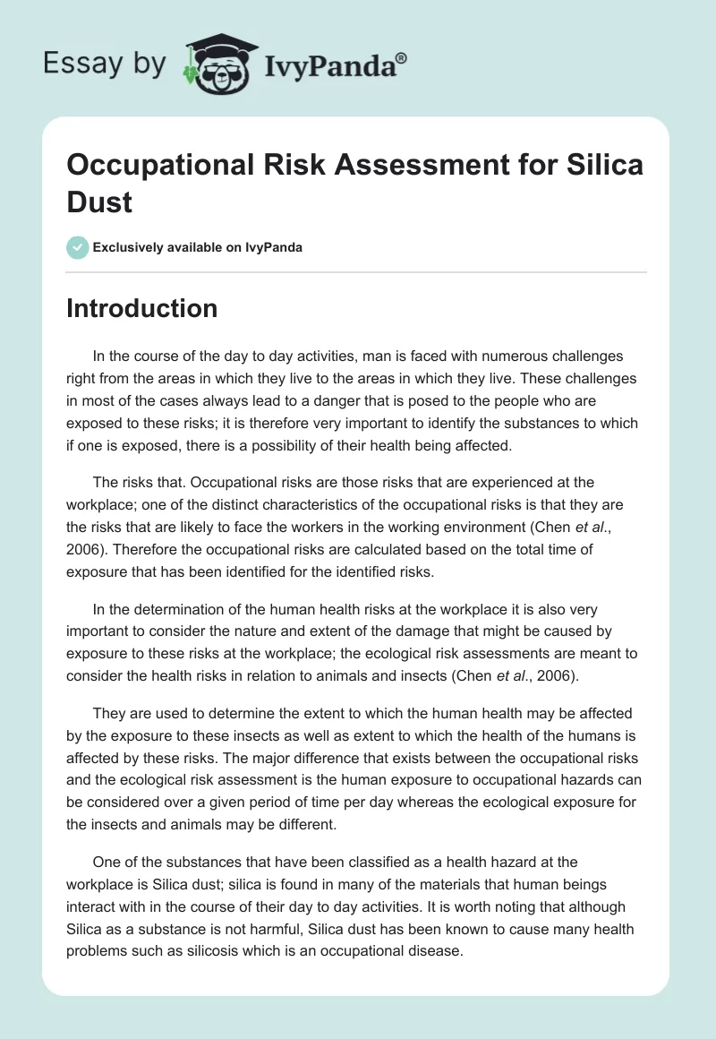 Occupational Risk Assessment for Silica Dust. Page 1