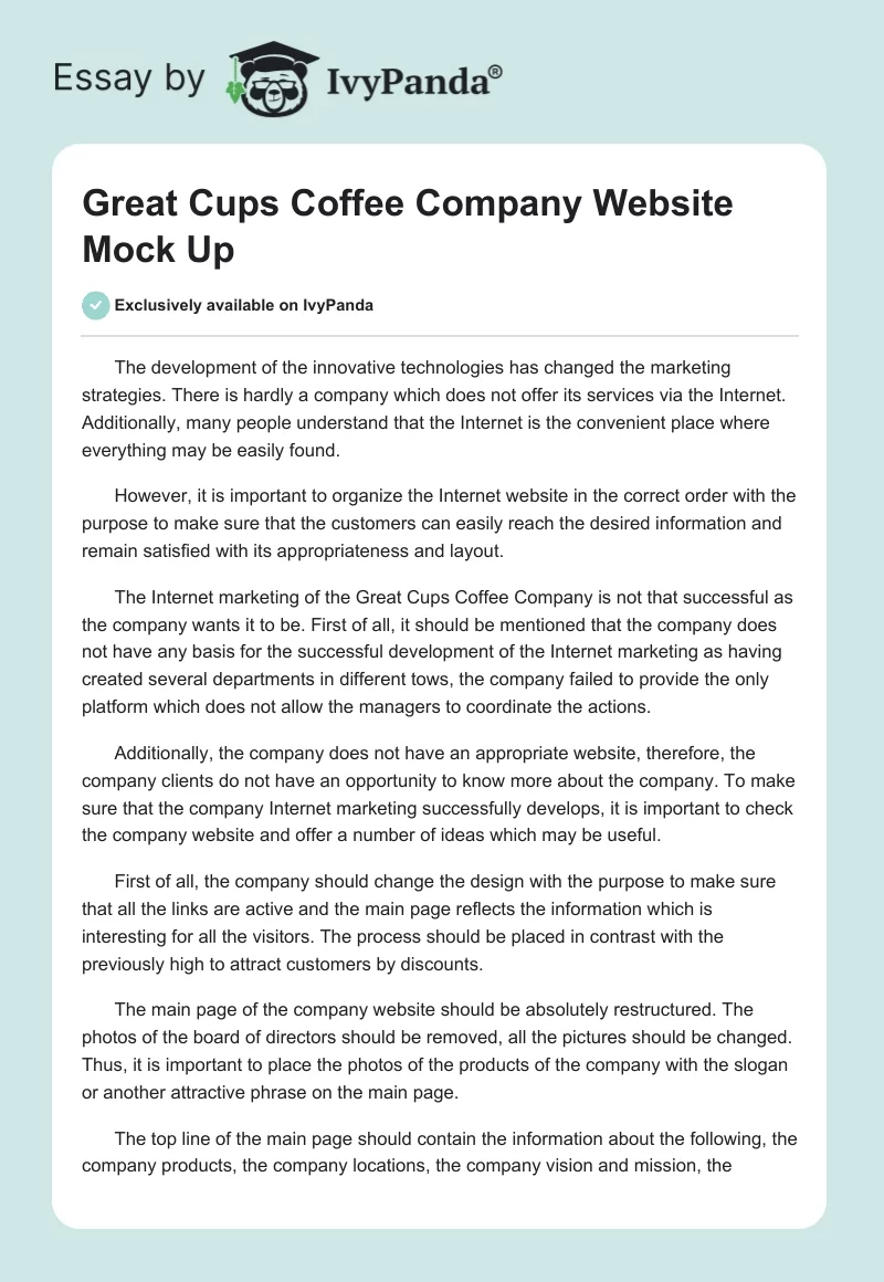 Great Cups Coffee Company Website Mock Up. Page 1