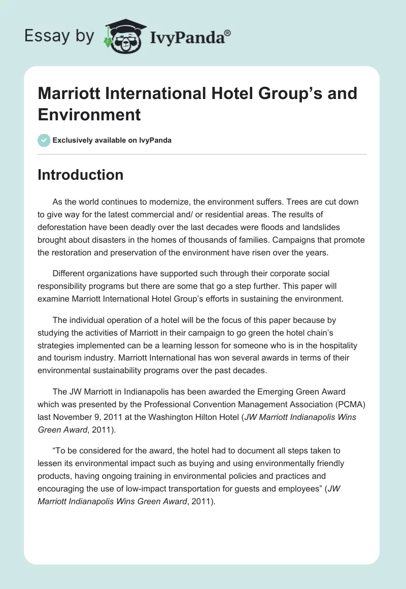 Marriott International Hotel Group’s and Environment. Page 1