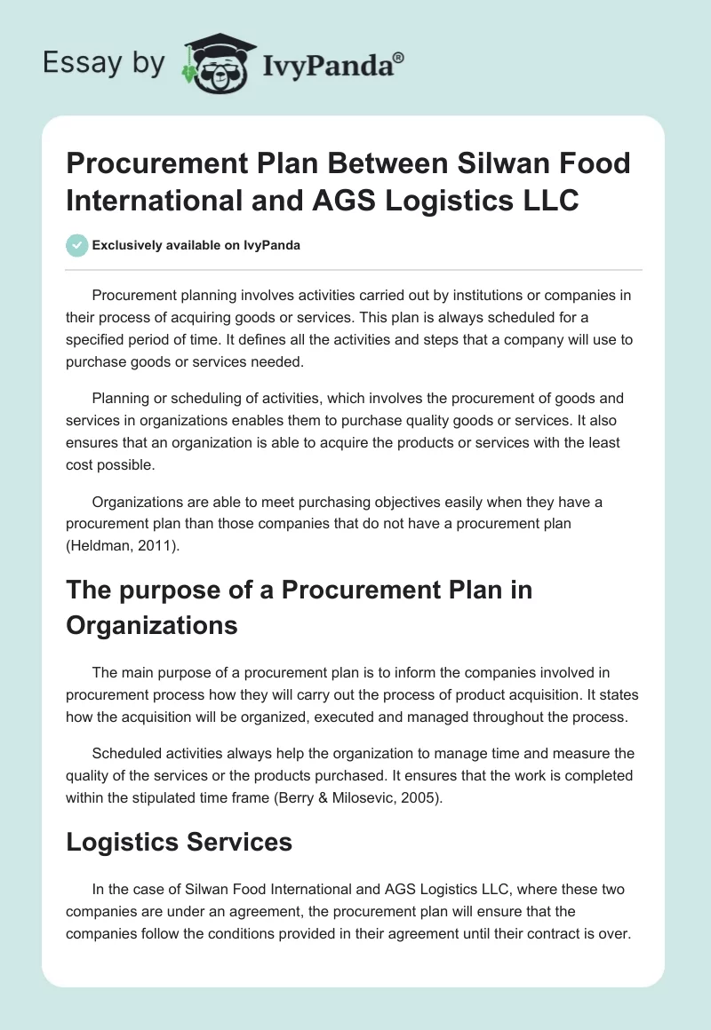 Procurement Plan Between Silwan Food International and AGS Logistics LLC. Page 1