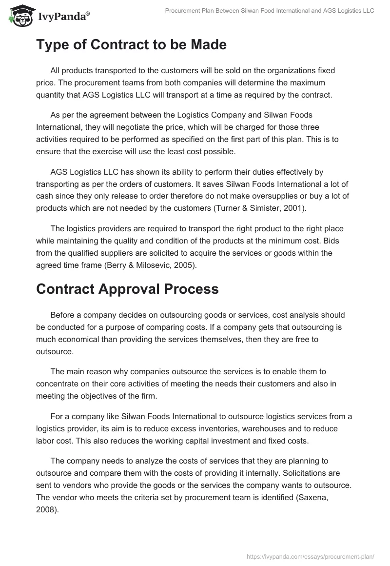 Procurement Plan Between Silwan Food International and AGS Logistics LLC. Page 3