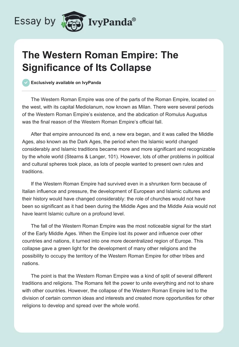 The Western Roman Empire: The Significance of Its Collapse. Page 1