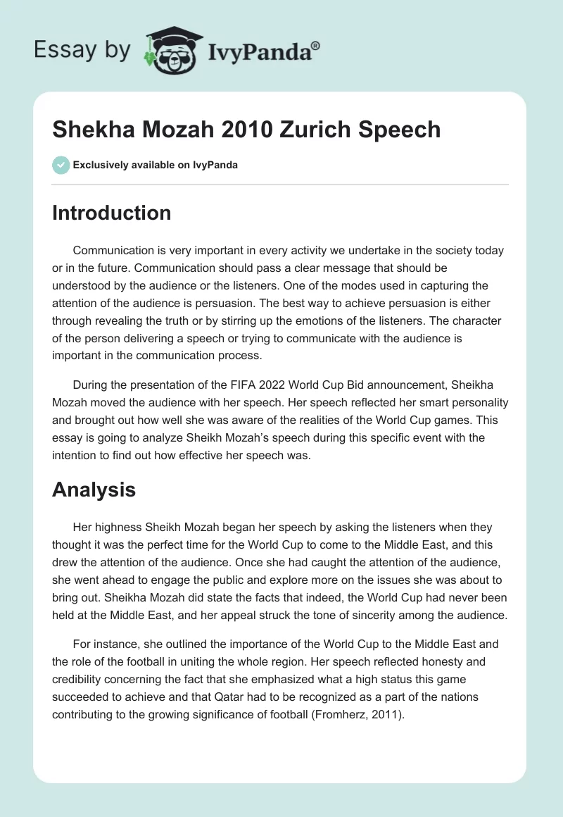 Shekha Mozah 2010 Zurich Speech. Page 1