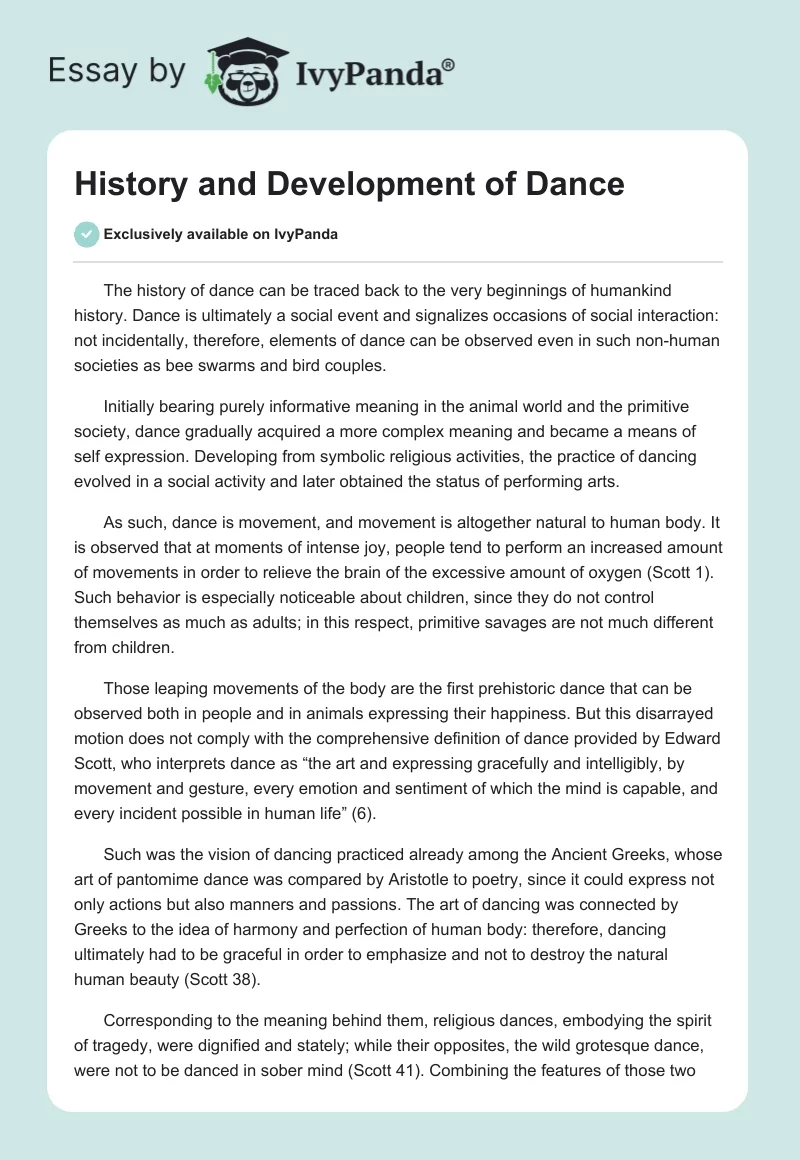 History and Development of Dance. Page 1