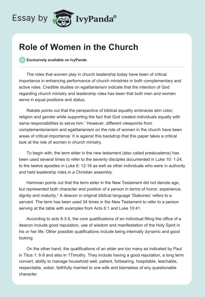 Role of Women in the Church. Page 1