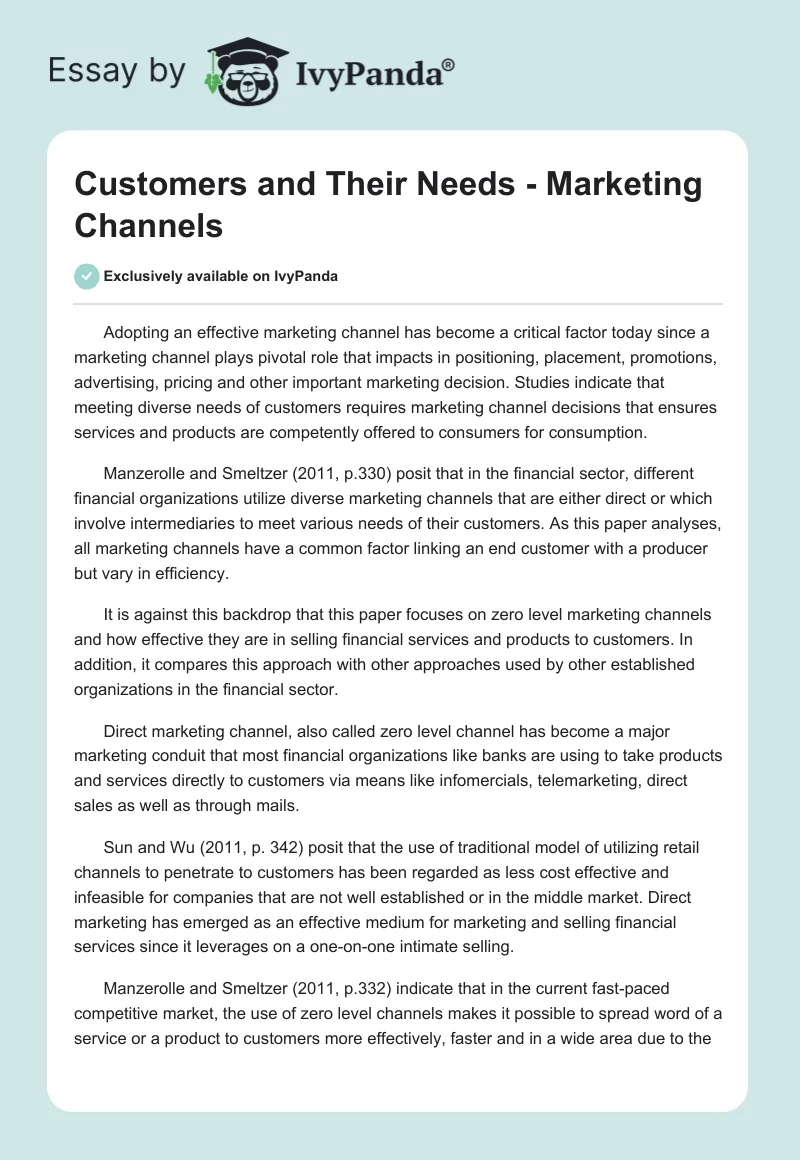 Customers and Their Needs - Marketing Channels. Page 1