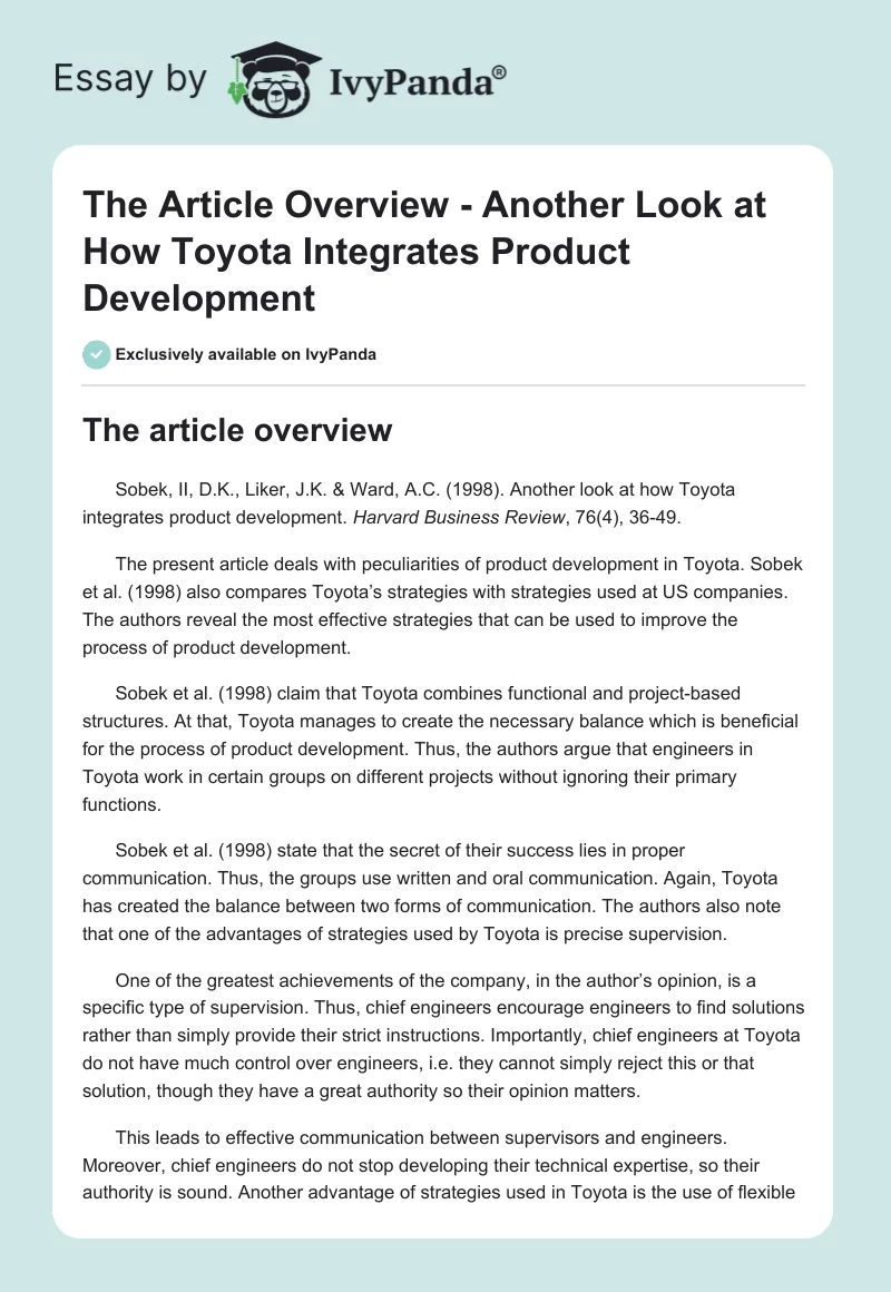 The Article Overview - Another Look at How Toyota Integrates Product Development. Page 1