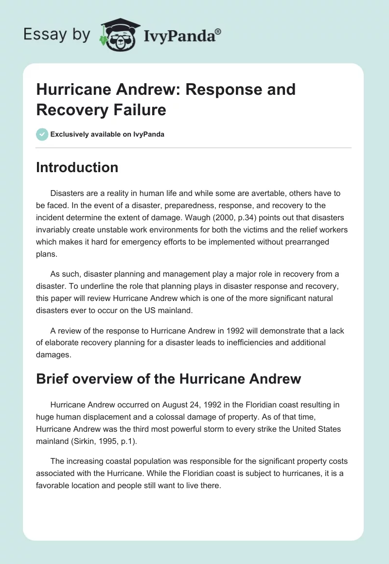 Hurricane Andrew: Response and Recovery Failure. Page 1