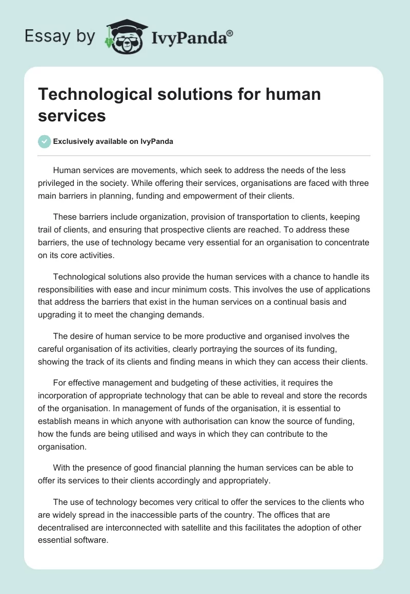 Technological solutions for human services. Page 1