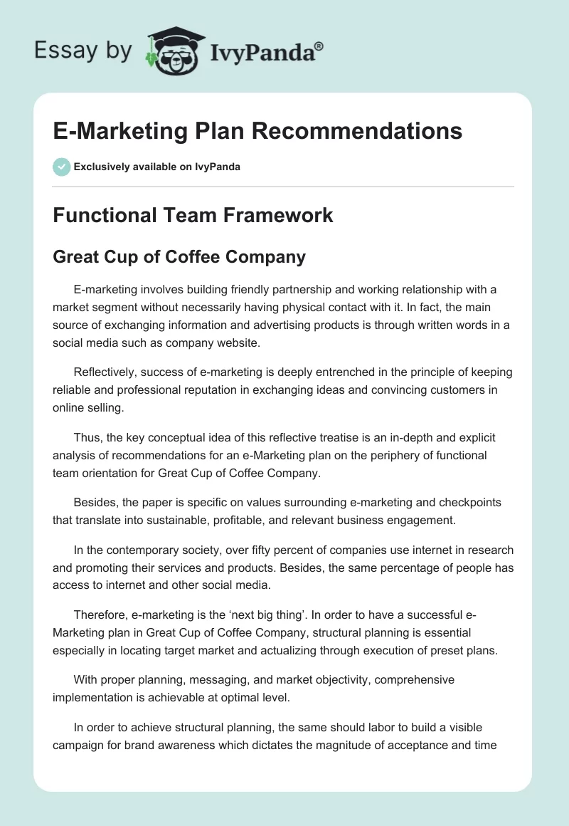 E-Marketing Plan Recommendations. Page 1