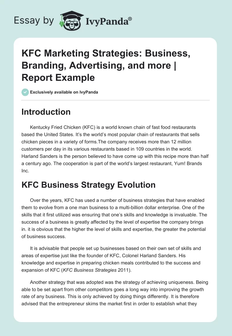 KFC Marketing Strategies: Business, Branding, Advertising, and More | Report Example. Page 1