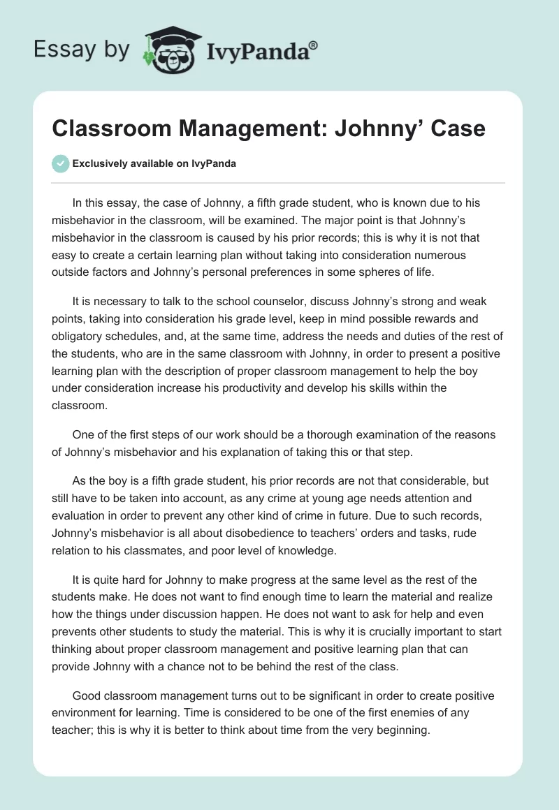Classroom Management: Johnny’ Case. Page 1