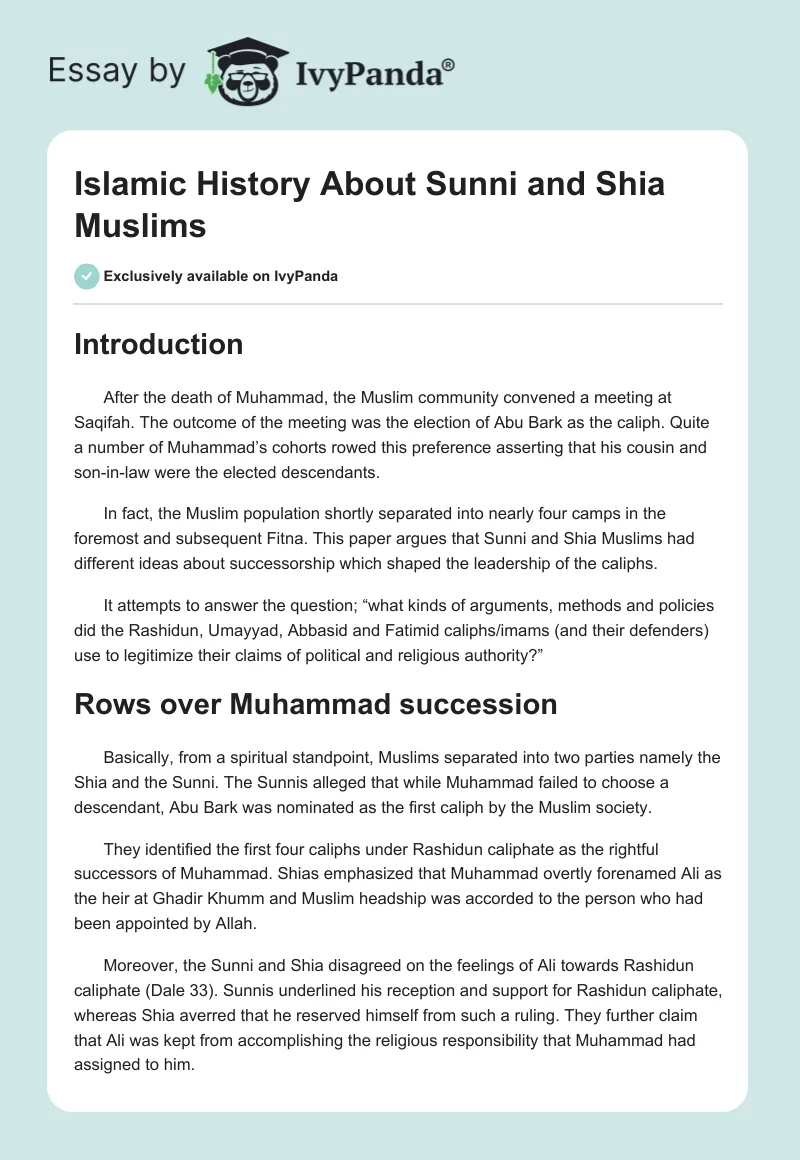 Islamic History About Sunni and Shia Muslims. Page 1