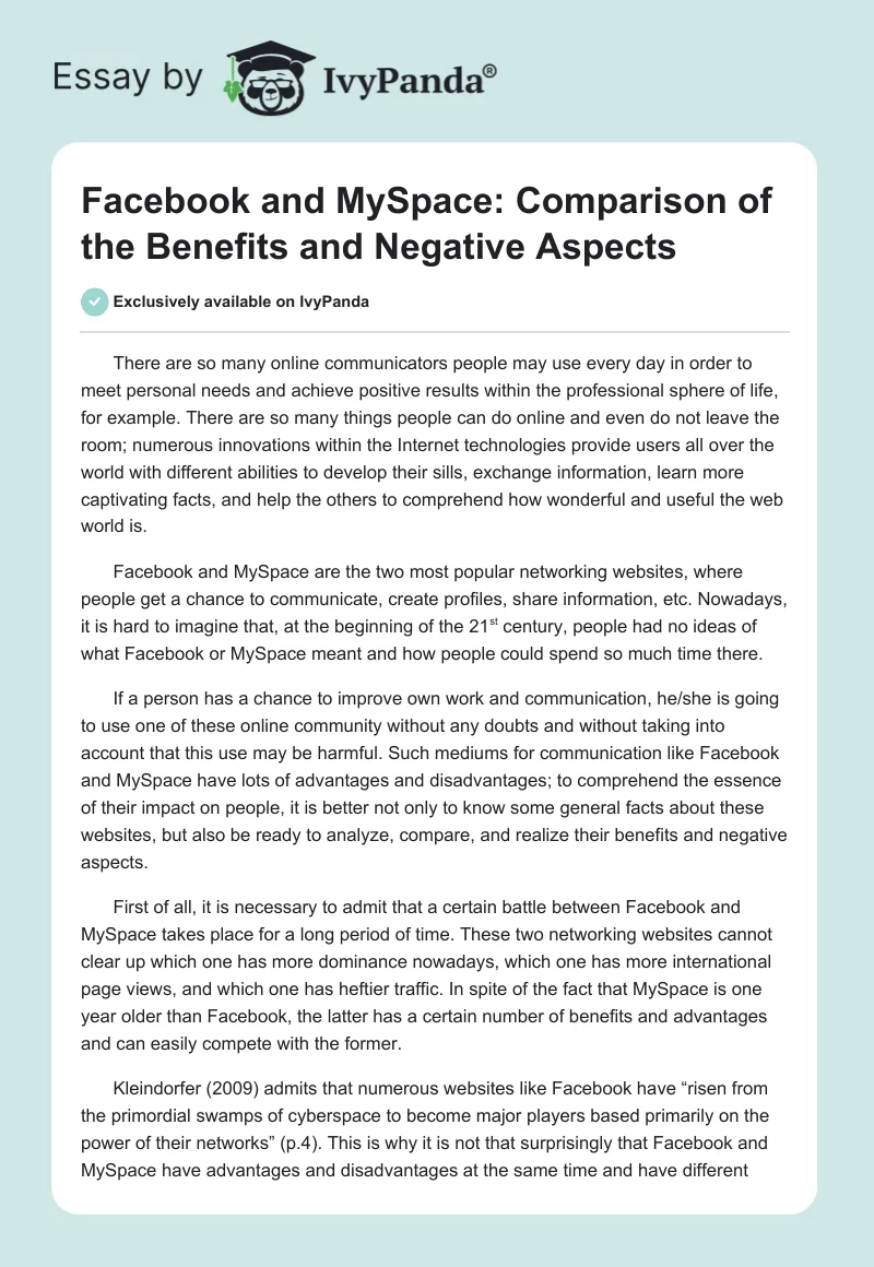 Facebook and MySpace: Comparison of the Benefits and Negative Aspects. Page 1