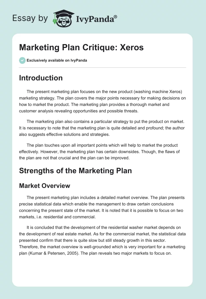 Marketing Plan Critique: Xeros. Page 1