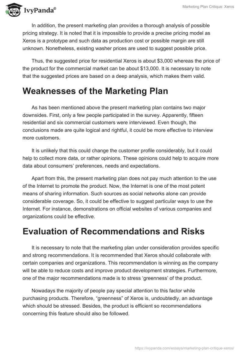 Marketing Plan Critique: Xeros. Page 4