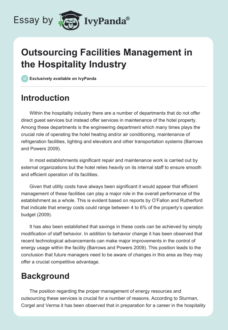 Outsourcing Facilities Management in the Hospitality Industry. Page 1