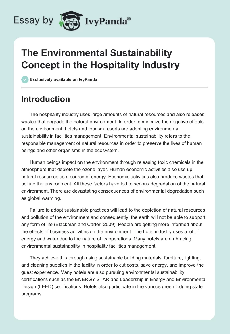 The Environmental Sustainability Concept in the Hospitality Industry. Page 1