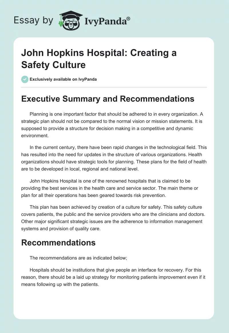 John Hopkins Hospital: Creating a Safety Culture. Page 1