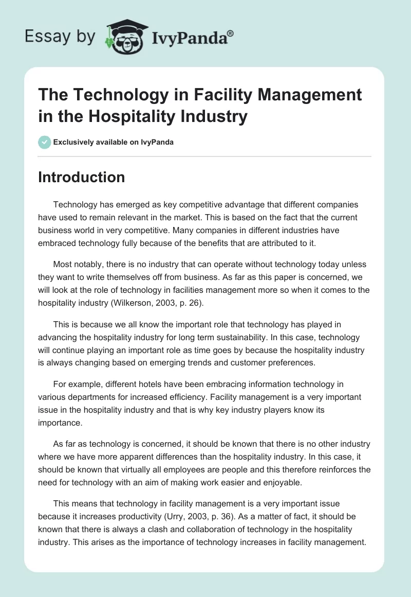 The Technology in Facility Management in the Hospitality Industry. Page 1