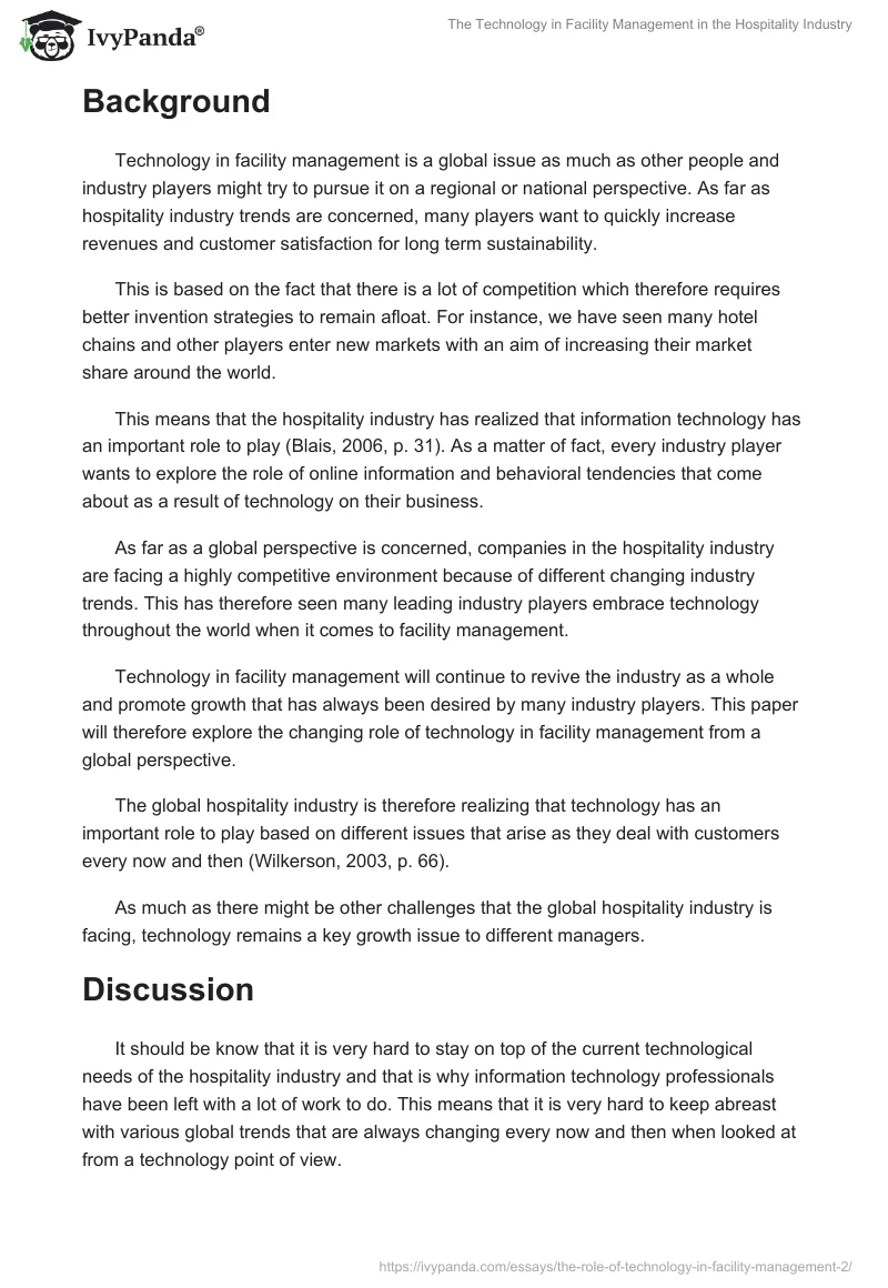 The Technology in Facility Management in the Hospitality Industry. Page 2
