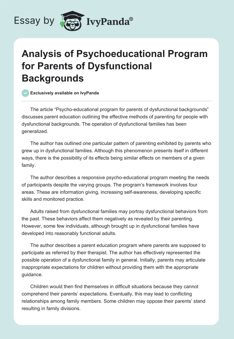 Analysis of Psychoeducational Program for Parents of Dysfunctional Backgrounds. Page 1