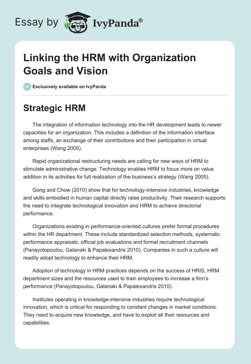 Linking the HRM with Organization Goals and Vision. Page 1