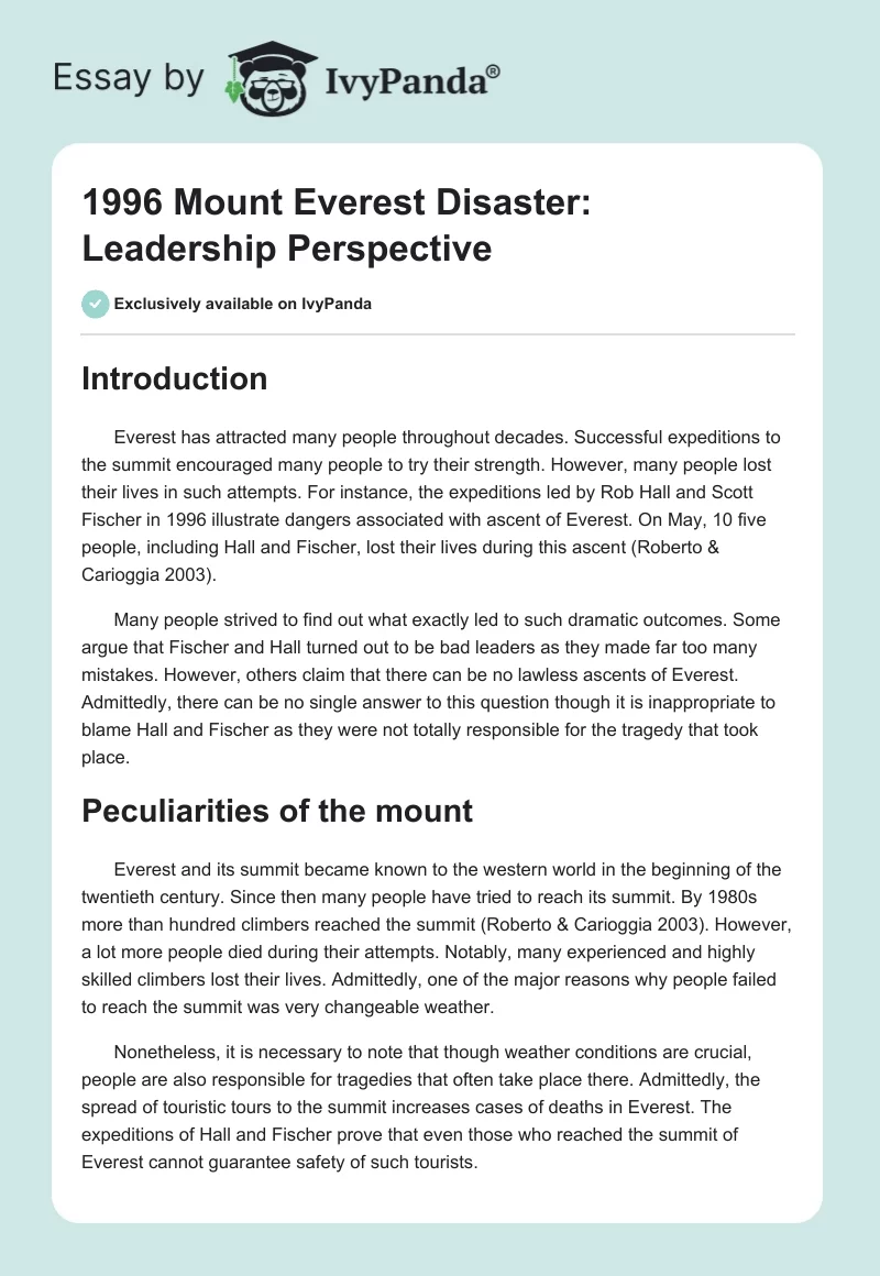 1996 Mount Everest Disaster: Leadership Perspective. Page 1