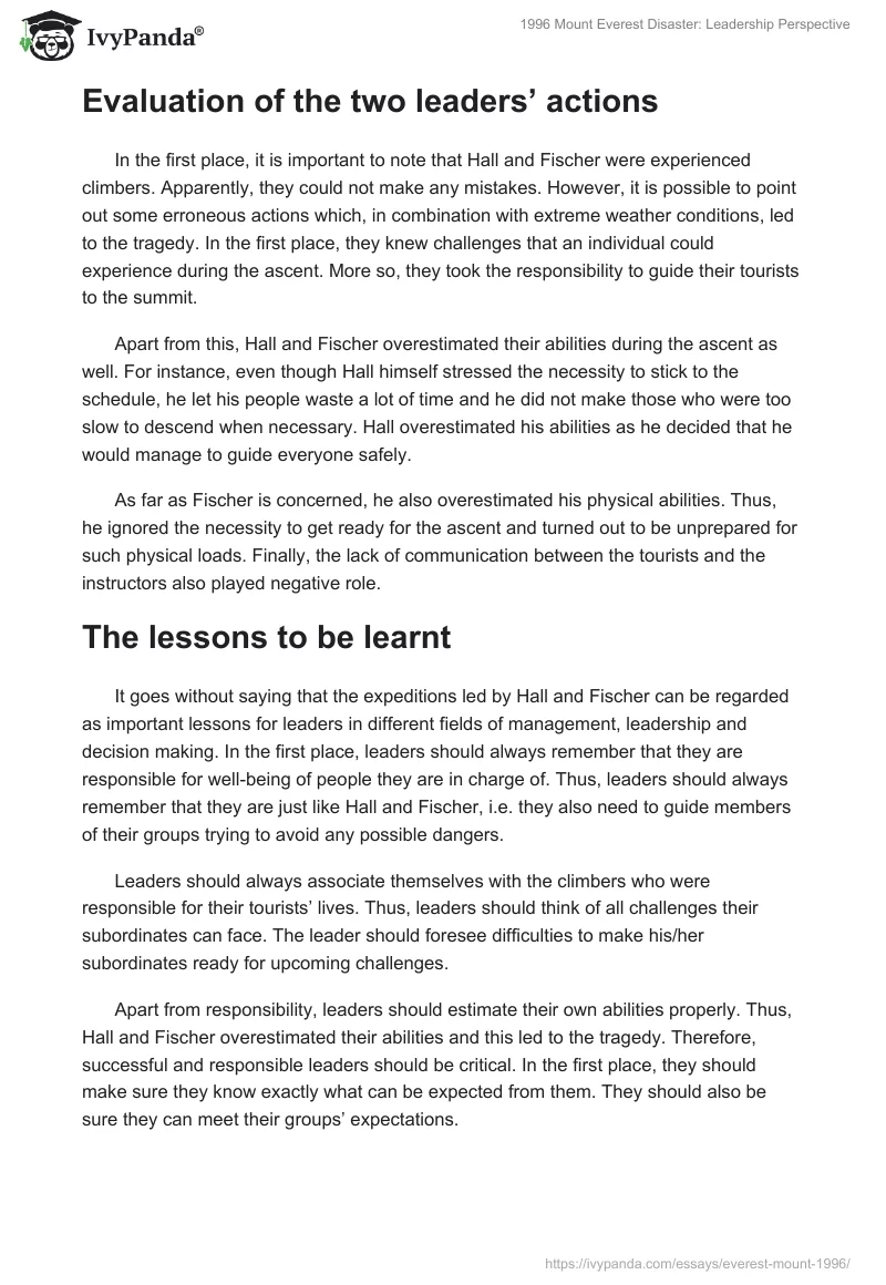 1996 Mount Everest Disaster: Leadership Perspective. Page 2