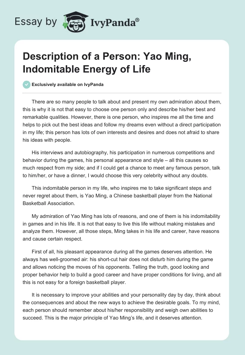 Description of a Person: Yao Ming, Indomitable Energy of Life. Page 1