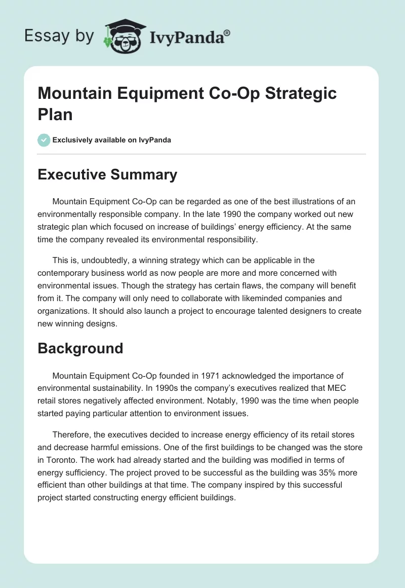 Mountain Equipment Co-Op Strategic Plan. Page 1