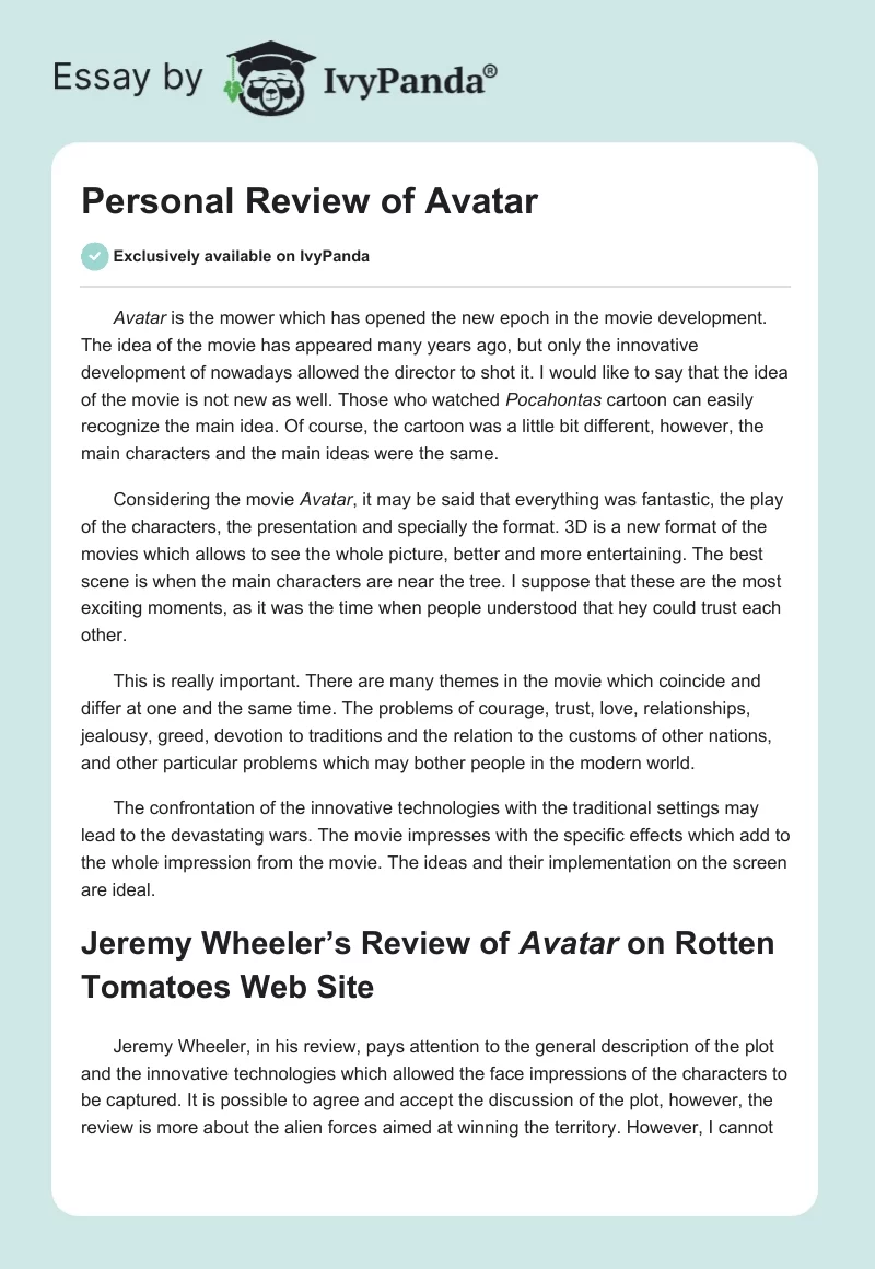 Personal Review of Avatar. Page 1