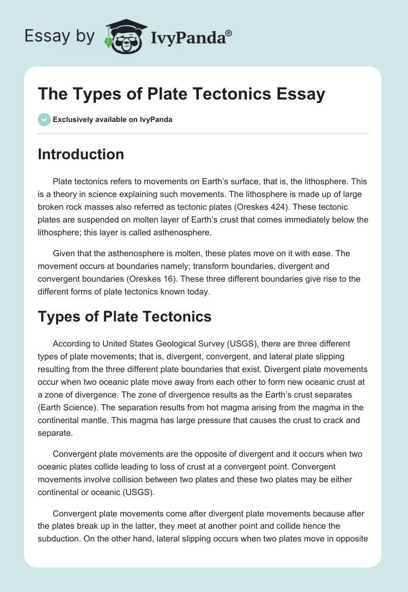 The Types of Plate Tectonics Essay. Page 1